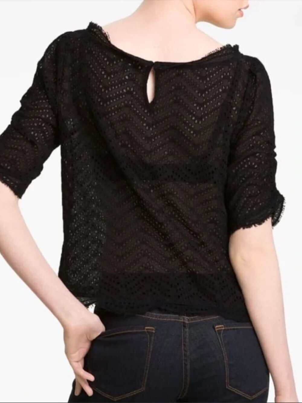 JOIE FANNY B BLACK EYELET PUFF SLEEVE SILK TOP - Picture 2 of 11